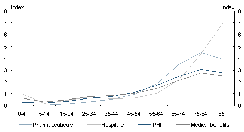 Chart C1: Index of the age profile of health spending per person (weighted average of all people = 1)