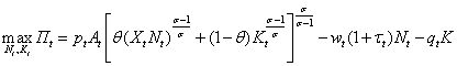 Equation 3: Output is concentrated out of equation 1 by replacing output with the production function defined by equation 2. This substitution allows profits to be described by output prices, wages, payroll tax rate, rental rate of capital and the primary inputs (that is, labour and capital) which the firm can adjust to maximise profits.