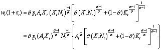 Equation 4: This equation reports the first order necessary condition for profit maximisation resulting from equation 3, which is the point at which the derivative of profit with respect to labour input is equal to zero.