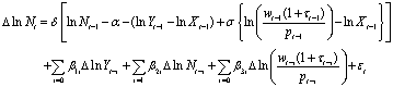 Equation 9: This equation reports the empirical labour demand model that is taken to the data. It assumes labour demand can be characterised by a lagged error correction term equal to the gap between the actual log of labour input last period and the right hand side of equation 8 lagged one period. The rate at which employment grows (that is, the log first difference of employment) in response to this gap is governed by a speed of adjustment term (denoted by delta) which is multiplied by the lagged error correction term. The error-correction model allows for acceleration terms consisting of the contemporaneous log first differences of output (with coefficient beta 1) and the producer real wage (with coefficient beta 3), and the lagged log first difference of employment (with coefficient beta 2).