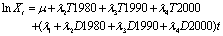 Equation 13: This is equation 11 expanded to allow for end-of-decade trend breaks in 1980, 1990 and 2000. Trend breaks are constrained so that there are no jumps at the break point. This is achieved via linear splines with knots at the break points.