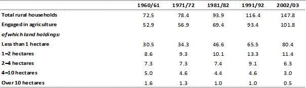 The total rural households engaged in agriculture, that have land holdings of less than 1 hectare has increased from around 30.5 million in 1960-61 to 80.4 million in 2002-03. This increase is faster than the population increase.