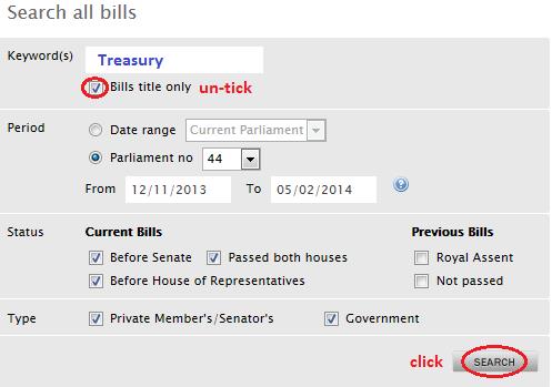 Screenshot of Parliamentary search function