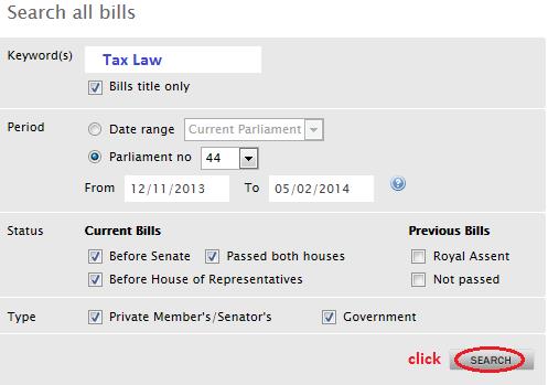 Screenshot of Parliamentary search function