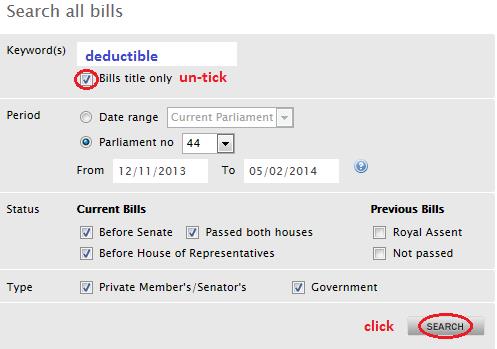 Screenshot of Parliamentary search function